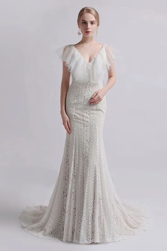 Mermaid Sweep-Brush Train Lace Tulle Wedding Dress CW2731 sold by Cocomelody