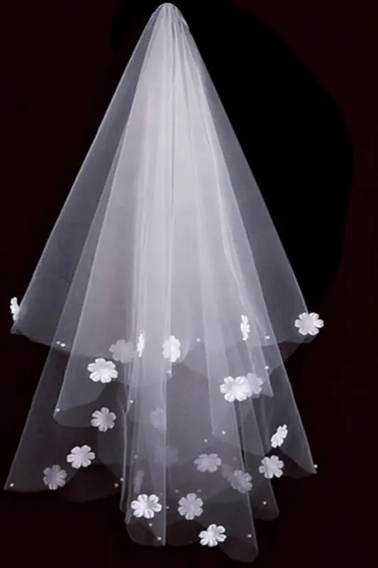 One-tier Cut Edge Tulle Waist Veils with Flower Pearls CV0384 sold by Cocomelody