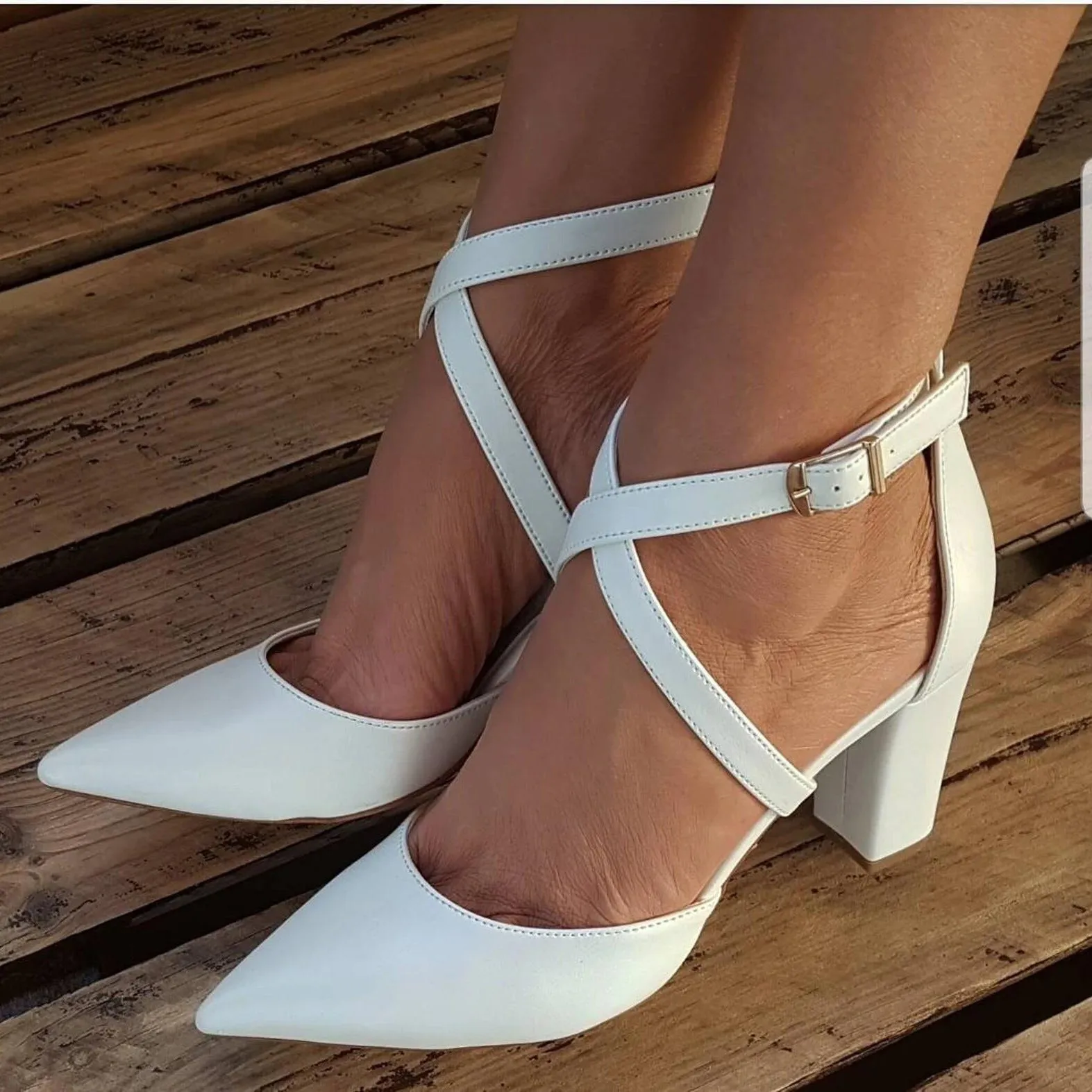 White Cross Pointy Block Heel Sandals 709079195670 sold by Cocomelody product image thumbnail 3
