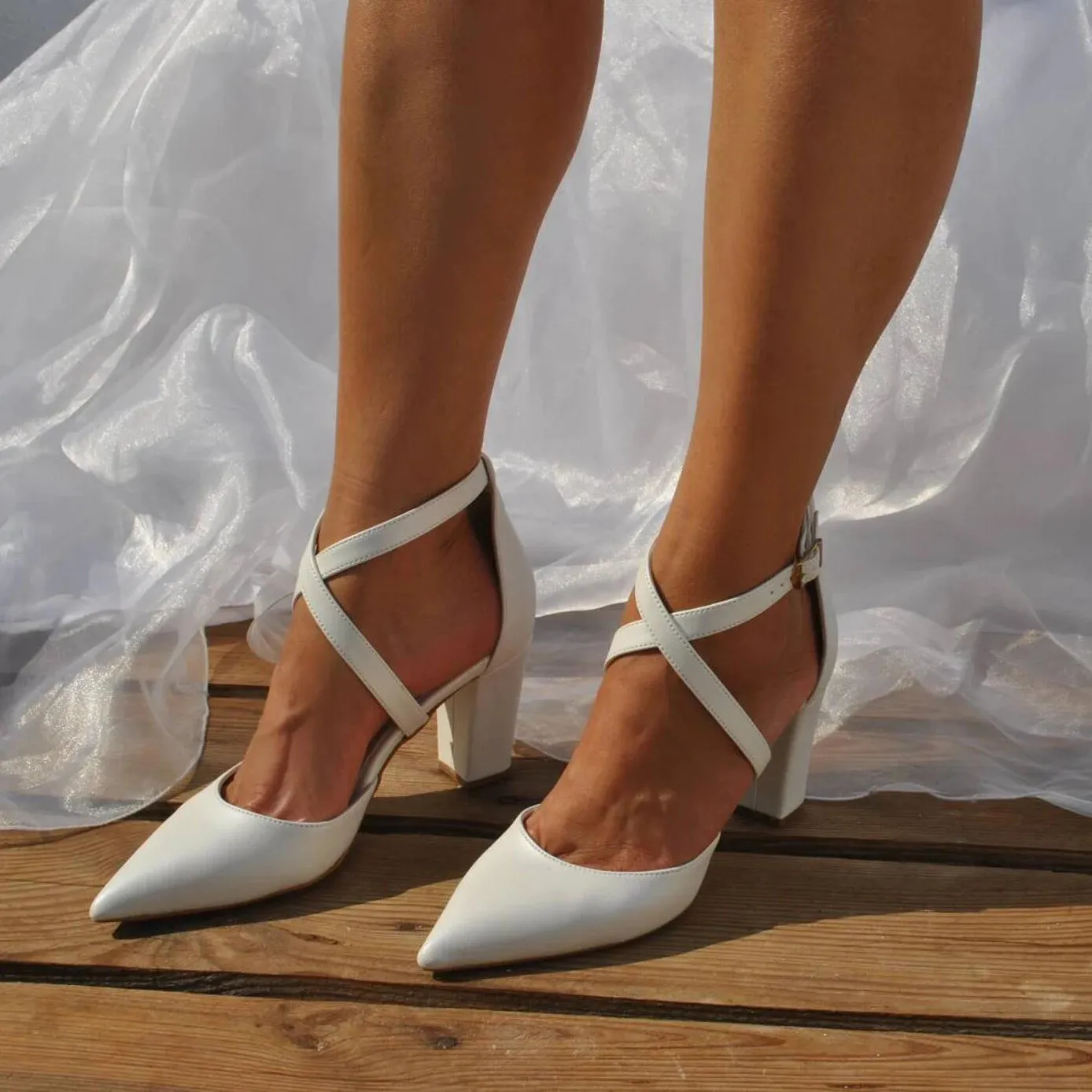 White Cross Pointy Block Heel Sandals 709079195670 sold by Cocomelody