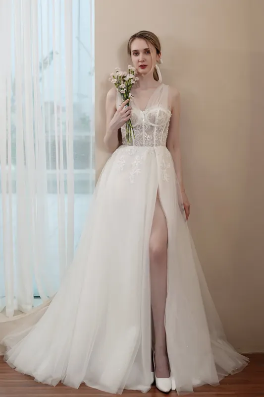 A-Line Sweep-Brush Train Lace Tulle Wedding Dress CW2973 sold by Cocomelody