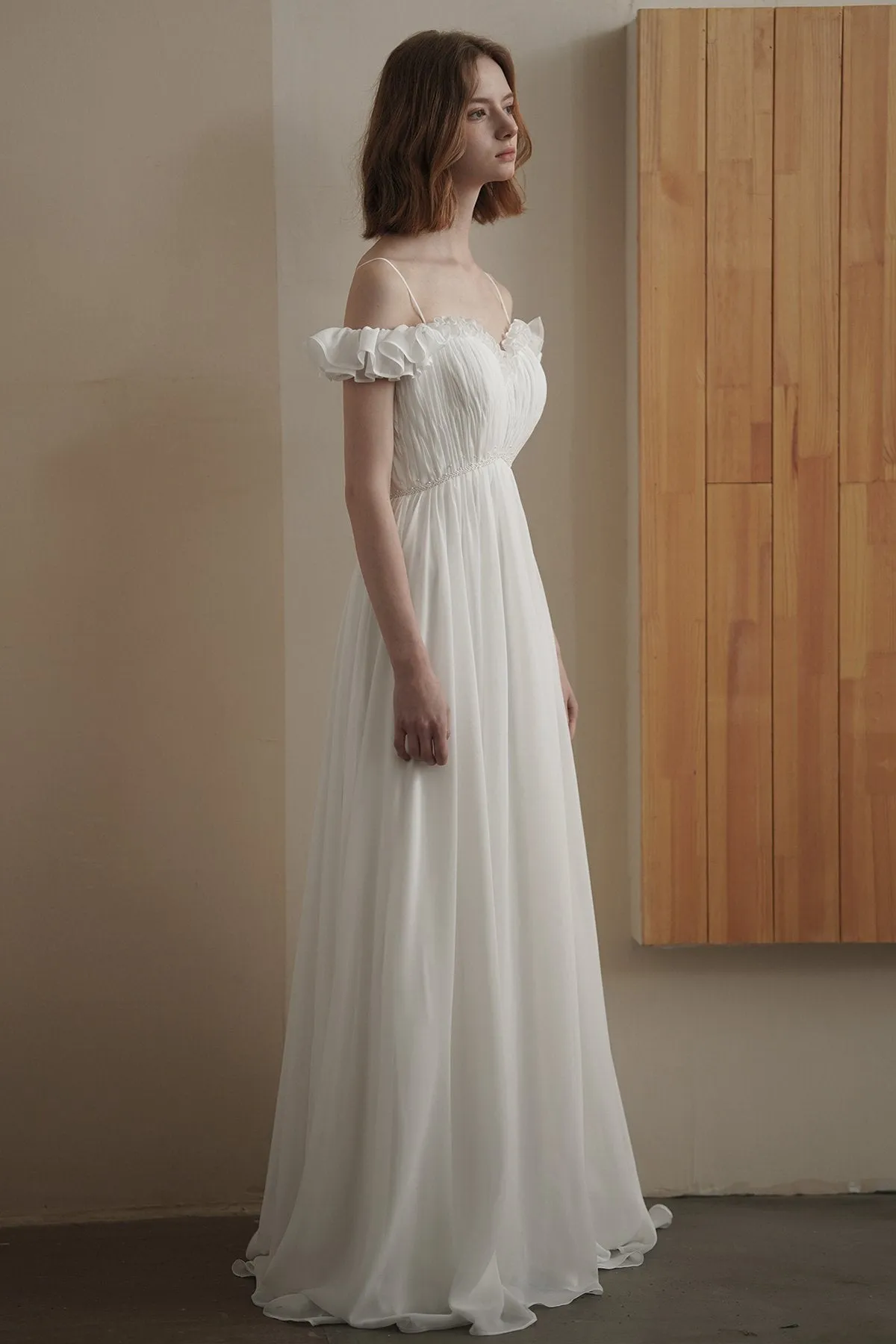 A-Line Sweep-Brush Train Chiffon Wedding Dress CW3080 sold by Cocomelody product image thumbnail 3