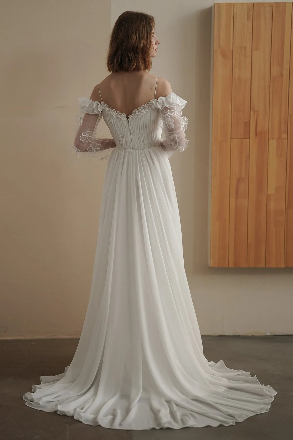 A-Line Sweep-Brush Train Chiffon Wedding Dress CW3080 sold by Cocomelody product image thumbnail 2