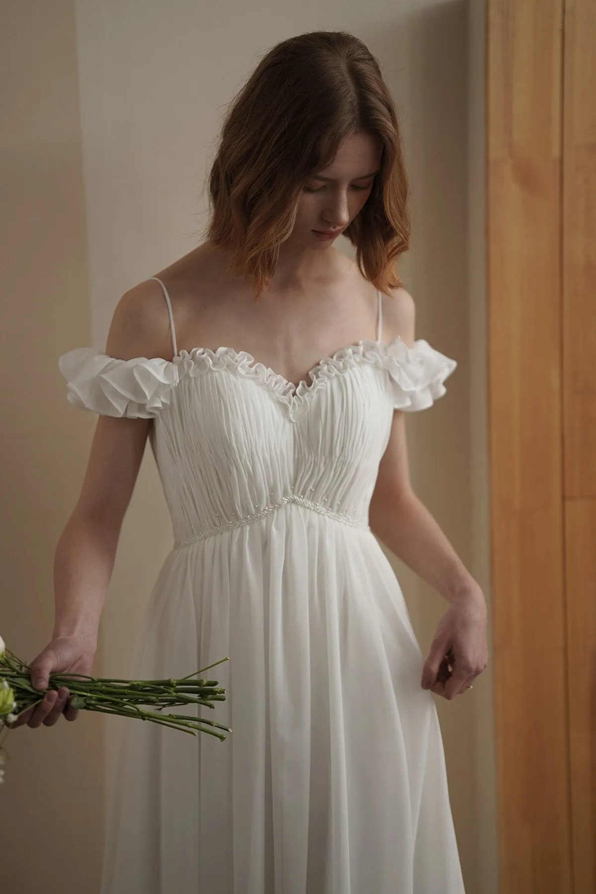 A-Line Sweep-Brush Train Chiffon Wedding Dress CW3080 sold by Cocomelody product image thumbnail 4