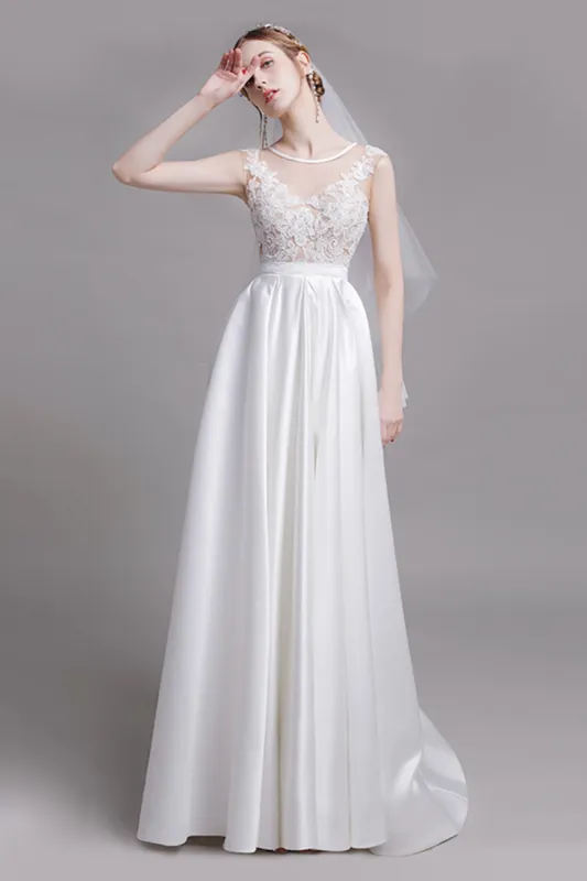 A-Line Floor Length Lace Satin Wedding Dress CW2728 made by Cocomelody