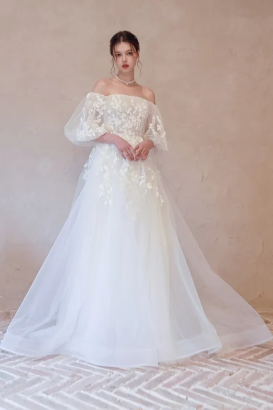 A-Line Sweep-Brush Train Lace Tulle Wedding Dress CW3065 sold by Cocomelody