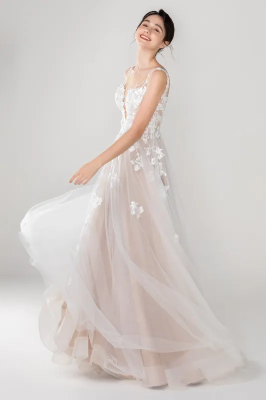 A-Line Sweep-Brush Train Tulle Lace Wedding Dress CW2534 sold by Cocomelody