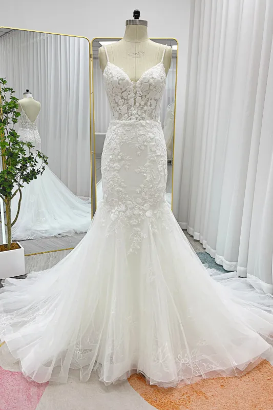 Trumpet-Mermaid Chapel Train Lace Tulle Wedding Dress CW3228 sold by Cocomelody