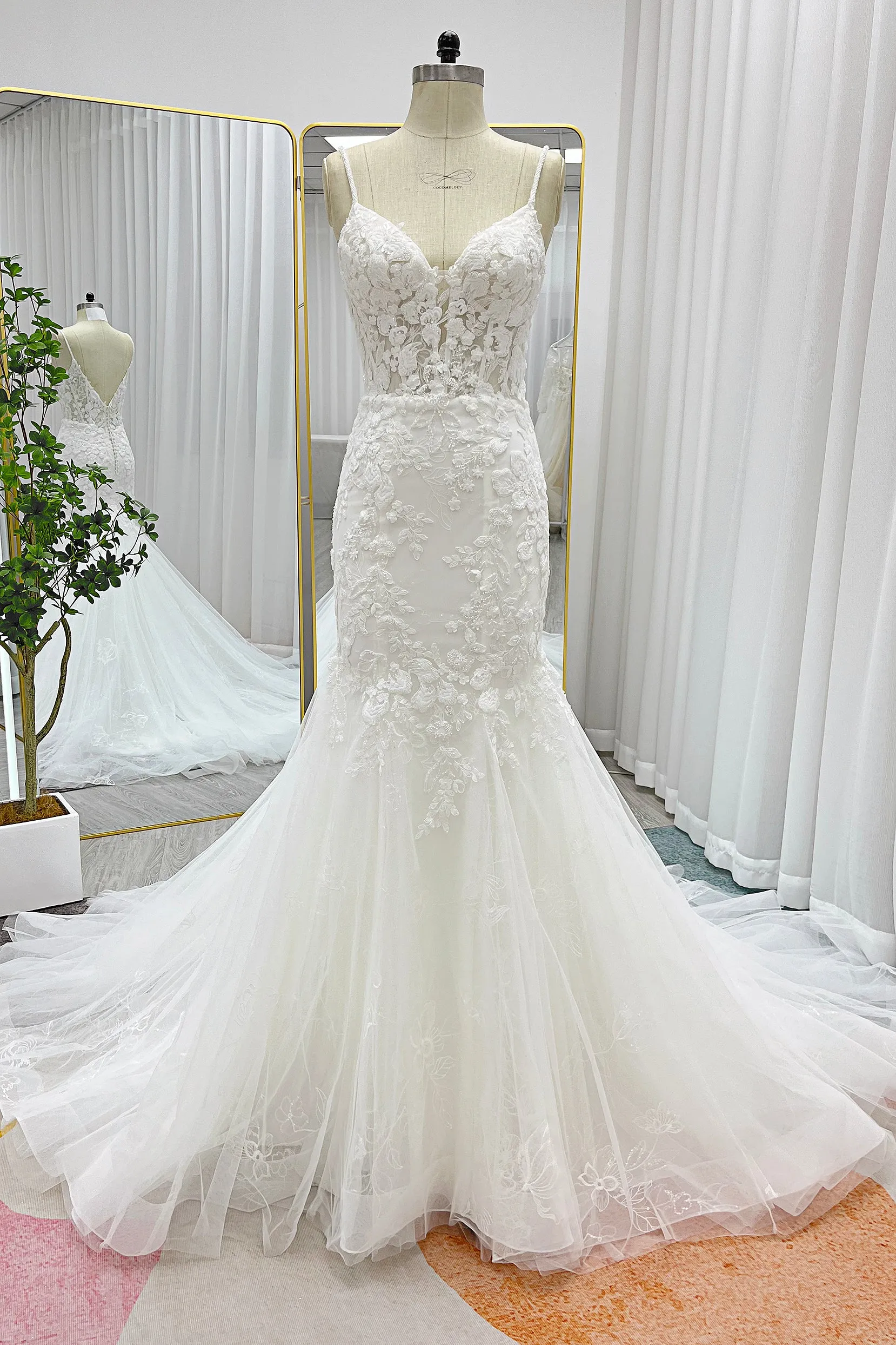 Trumpet-Mermaid Chapel Train Lace Tulle Wedding Dress CW3228 sold by Cocomelody
