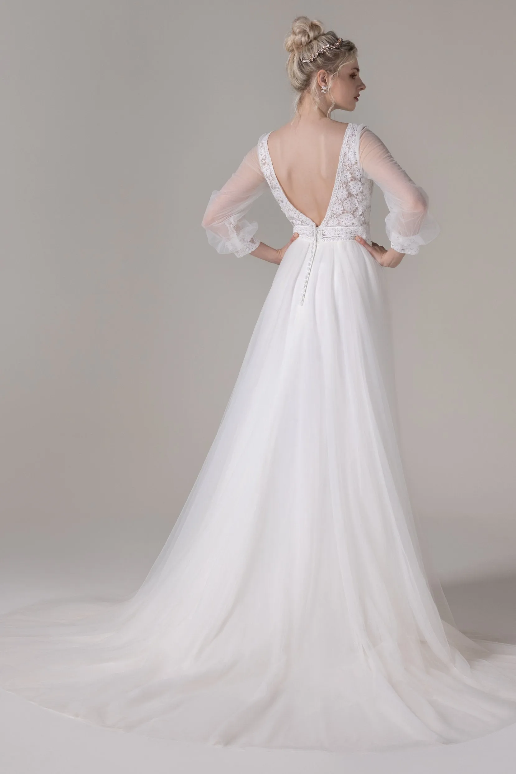 A-Line Court Train Lace Tulle Wedding Dress CW2781 sold by Cocomelody product image thumbnail 2