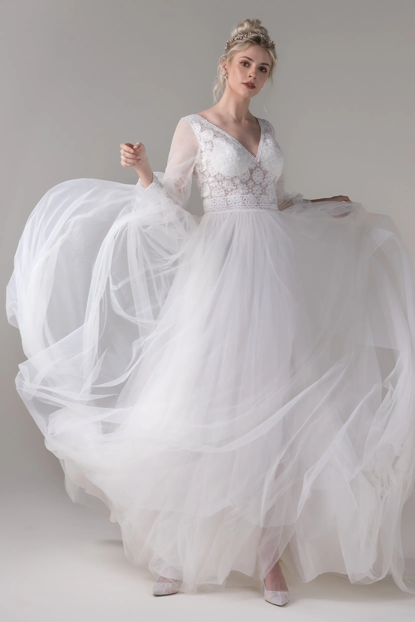 A-Line Court Train Lace Tulle Wedding Dress CW2781 sold by Cocomelody product image thumbnail 3