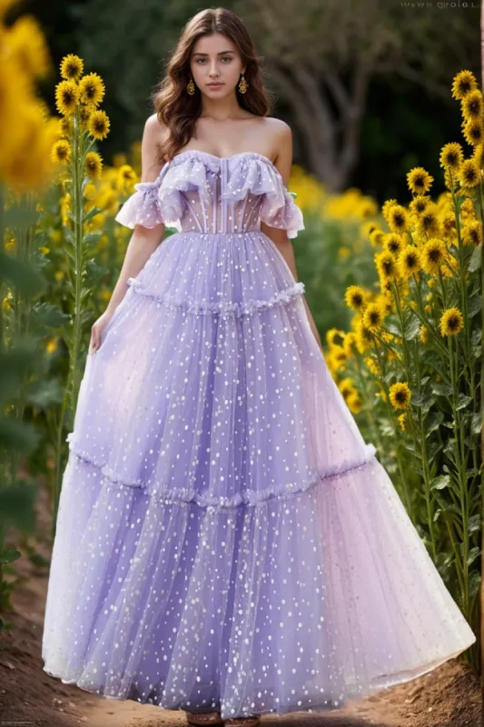 A-Line Floor Length Dot Tulle Prom Dress CS0473 sold by Cocomelody