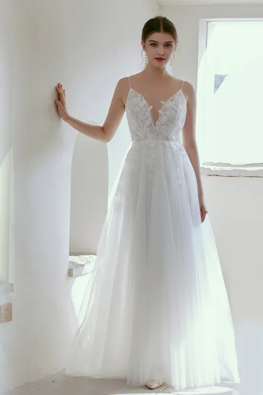 A-Line Sweep-Brush Train Lace Tulle Wedding Dress CW2674 sold by Cocomelody