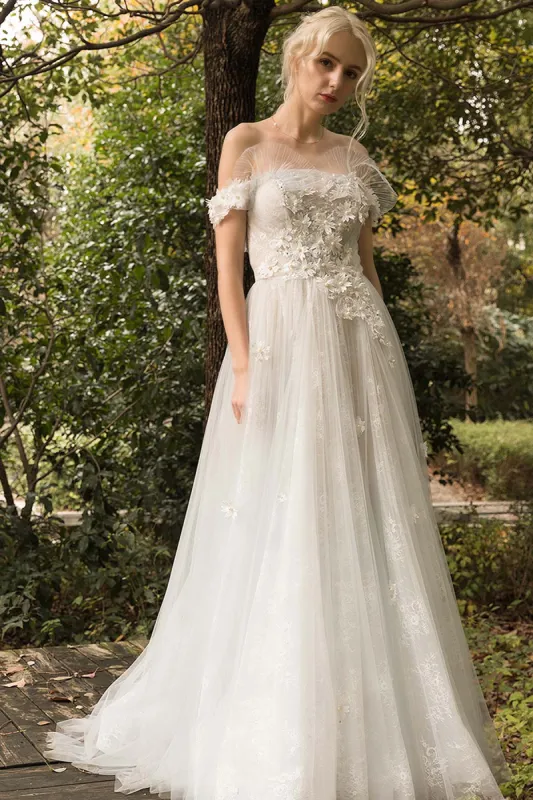 A-Line Sweep-Brush Train Lace Tulle Wedding Dress CW3025 sold by Cocomelody