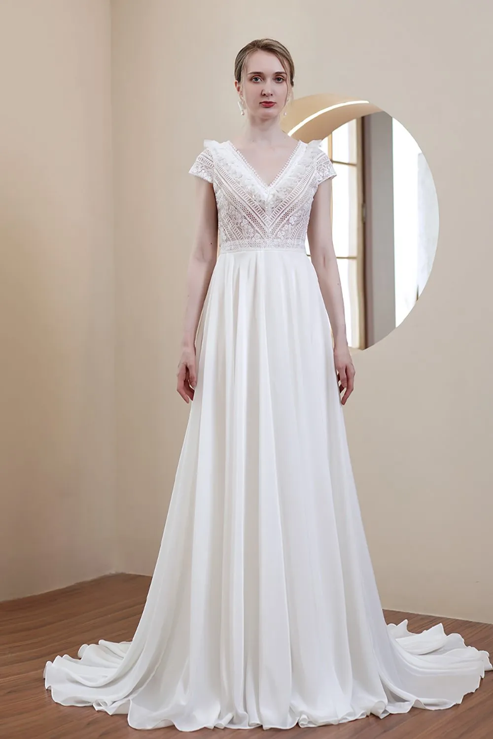 A-Line Sweep-Brush Train Lace Chiffon Wedding Dress CW2969 sold by Cocomelody product image thumbnail 3