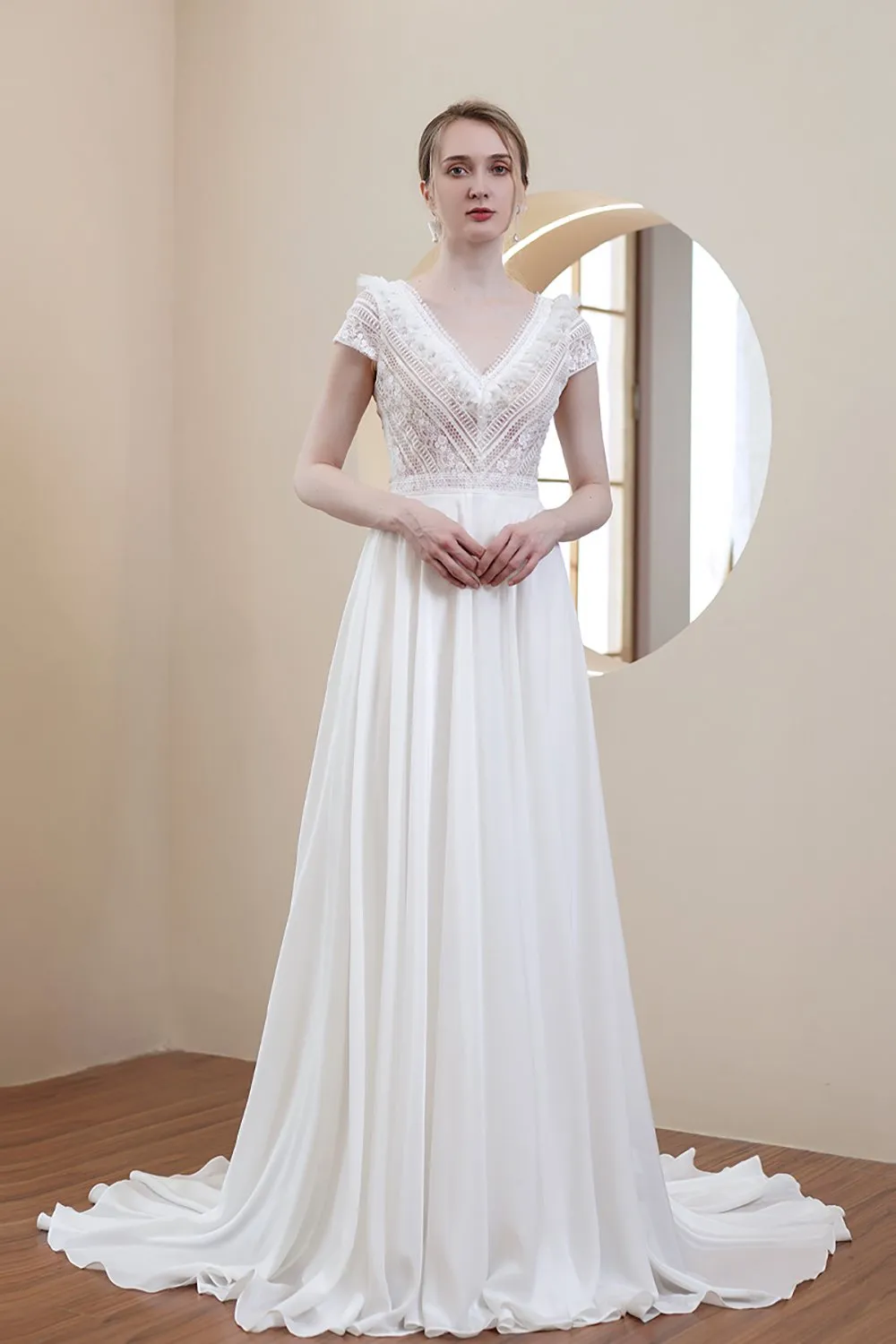 A-Line Sweep-Brush Train Lace Chiffon Wedding Dress CW2969 sold by Cocomelody