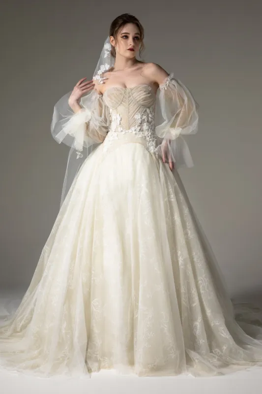 A-Line Chapel Train Tulle Wedding Dress CW2507 sold by Cocomelody