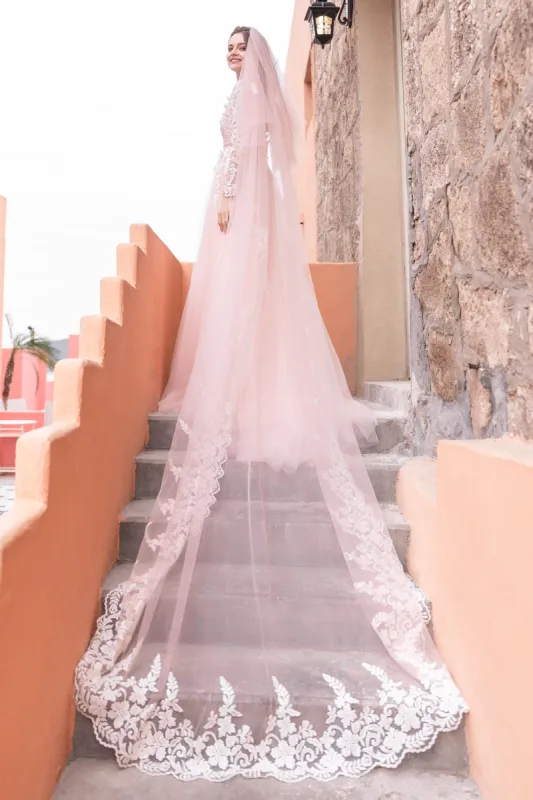 Two-tier Lace Edge Tulle Cathedral Veils with Appliques CV0228 sold by Cocomelody