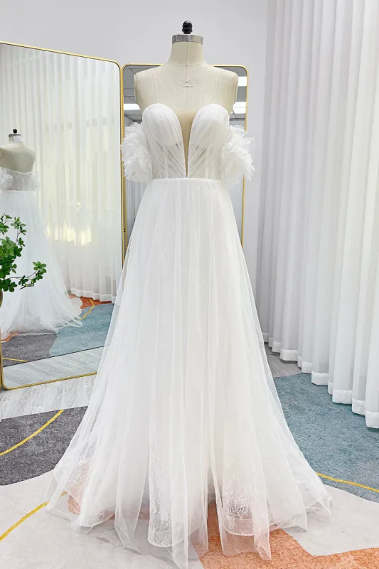 A-Line Sweep-Brush Train Lace Tulle Wedding Dress CW3285 sold by Cocomelody