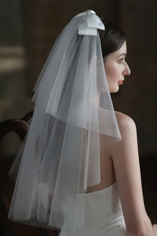 Two-tier Cut Edge Tulle Waist Veils with Bow CV0308 sold by Cocomelody