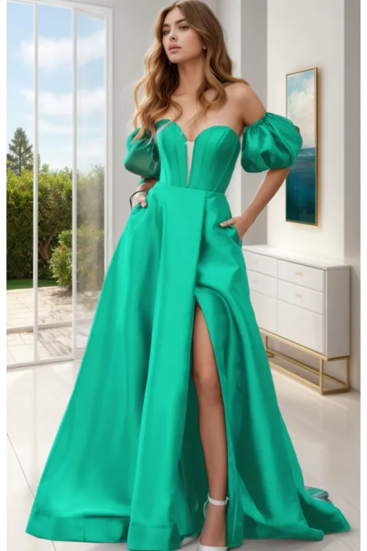 A-Line Sweep-Brush Train Satin Prom Dress CS0448 sold by Cocomelody