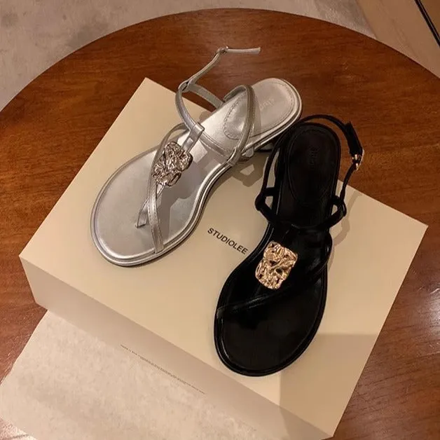 Holiday style thin strap clip toe metal buckle thick heel sandals women's leather 807161606792 sold by Cocomelody product image thumbnail 2