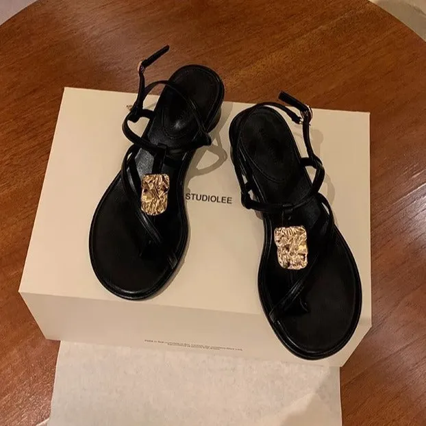 Holiday style thin strap clip toe metal buckle thick heel sandals women's leather 807161606792 sold by Cocomelody product image thumbnail 4