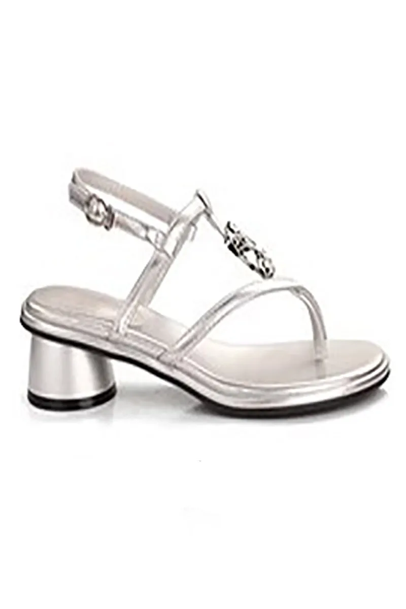 Holiday style thin strap clip toe metal buckle thick heel sandals women's leather 807161606792 sold by Cocomelody