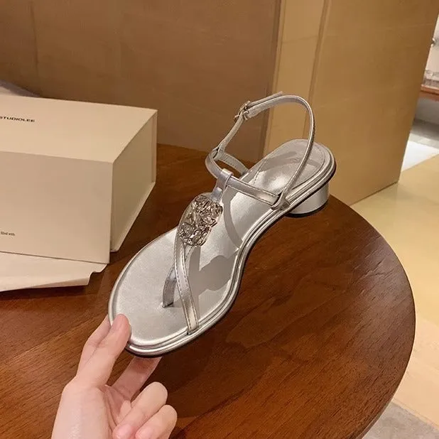 Holiday style thin strap clip toe metal buckle thick heel sandals women's leather 807161606792 sold by Cocomelody product image thumbnail 5