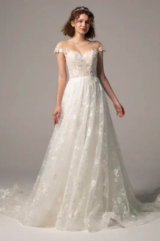 A-Line Court Train Lace Knitted Fabric Wedding Dress CW2356 sold by Cocomelody