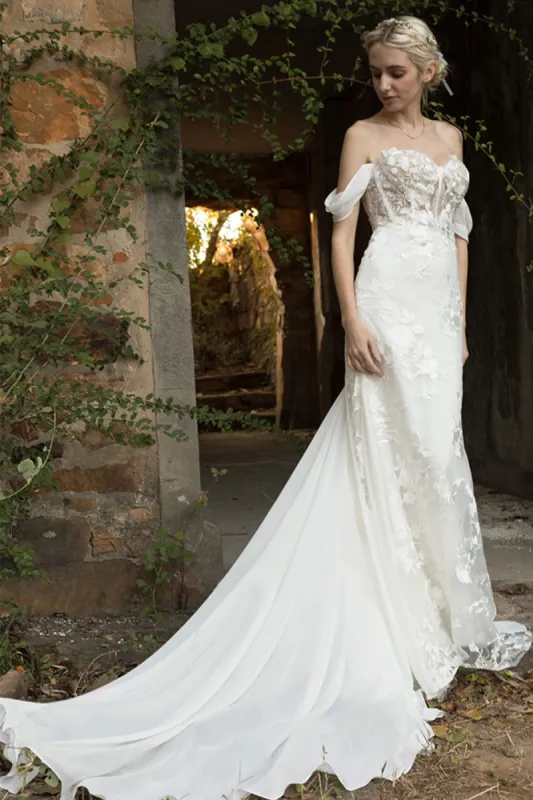 Trumpet Court Train Lace Chiffon Wedding Dress CW3018 sold by Cocomelody
