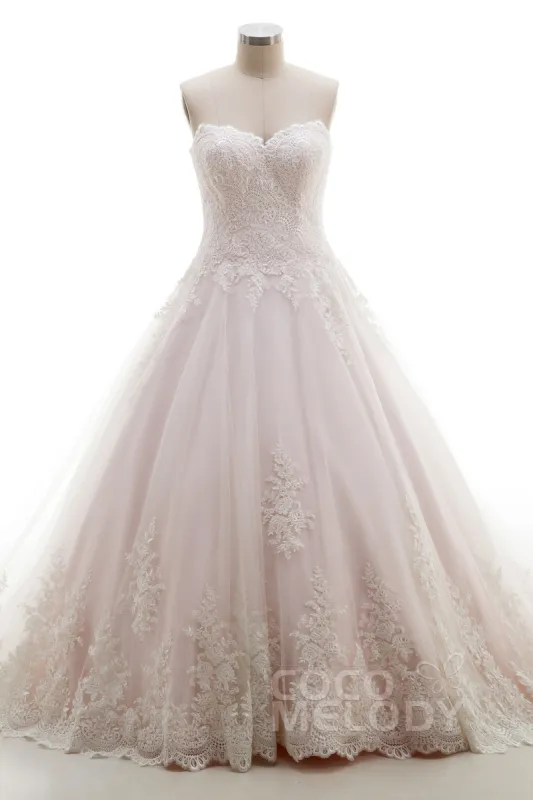 A-Line Sweep-Brush Train Tulle Lace Wedding Dress B14A0052 sold by Cocomelody