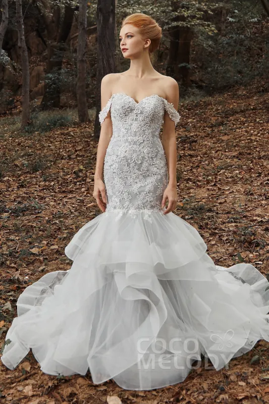 Trumpet Court Train Tulle Elastic Satin Wedding Dress CW2138 sold by Cocomelody