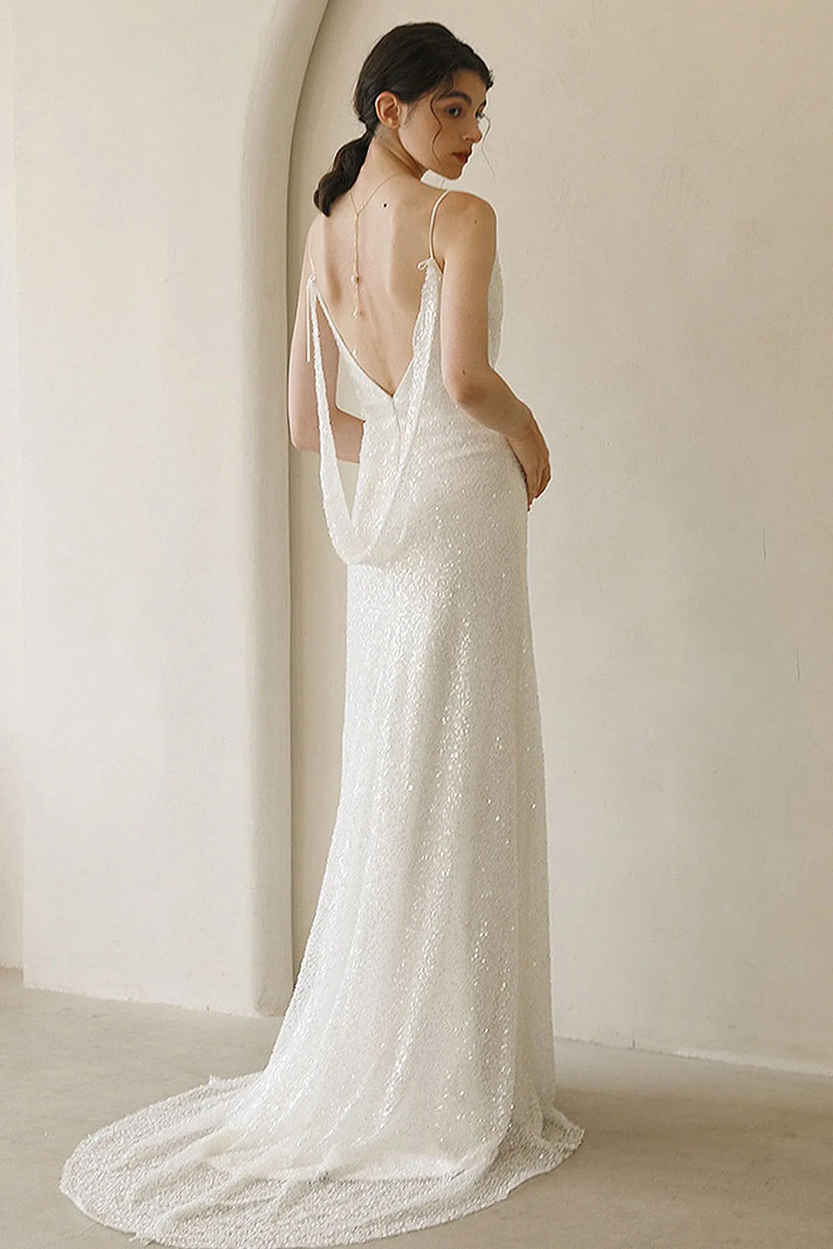 Sheath Sweep-Brush Train Sequined Lace Wedding Dress CW3056 sold by Cocomelody product image thumbnail 2