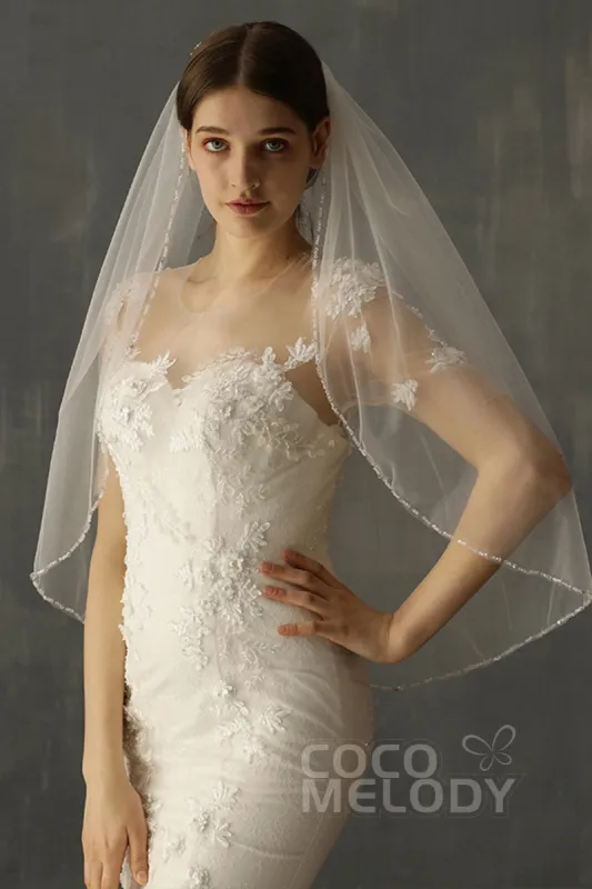 One-tier Beaded Edge Tulle Waist Veils with Beading CV0207 sold by Cocomelody
