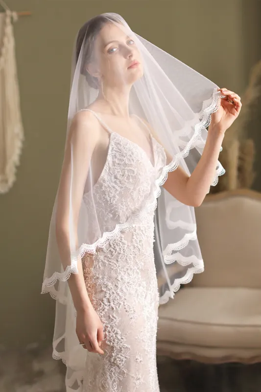 Two-tier Lace Edge Tulle Hip Veils with Appliques CV0261 sold by Cocomelody