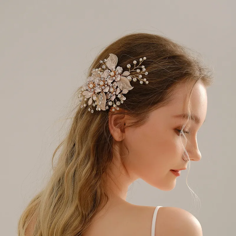 Bridal accessories Gold filigree tiara Handmade Pearl hair clip Wedding edge clip pan hair Headpieces 707290760390 sold by Cocomelody