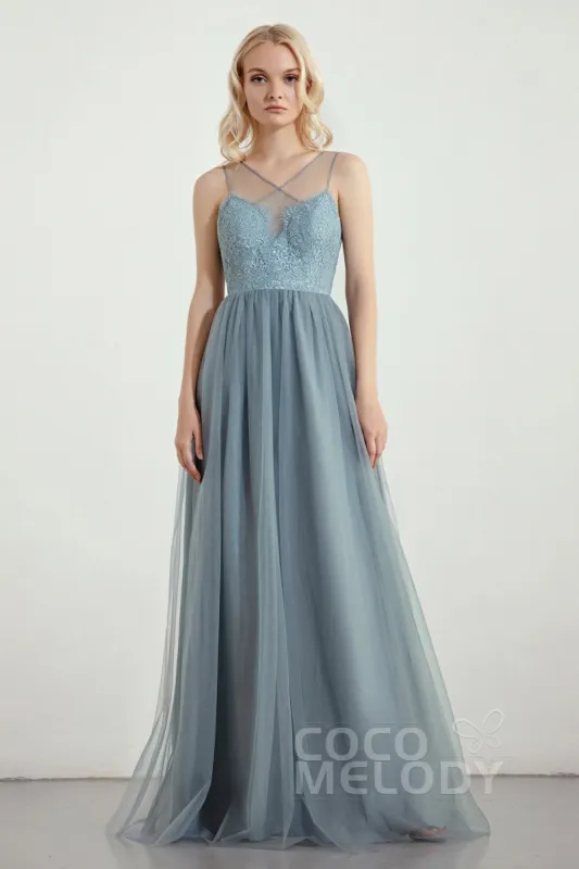 A-Line Floor Length Tulle Lace Bridesmaid Dress CB0439 sold by Cocomelody