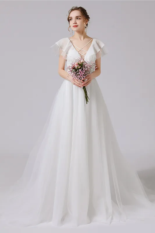 A-Line Sweep-Brush Train Lace Tulle Wedding Dress CW2710 sold by Cocomelody