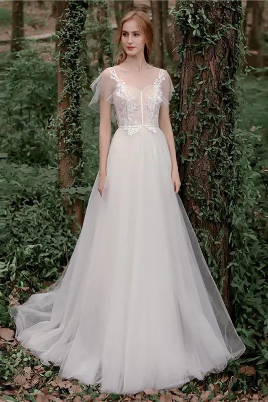 A-Line Sweep-Brush Train Lace Tulle Wedding Dress CW2761 sold by Cocomelody