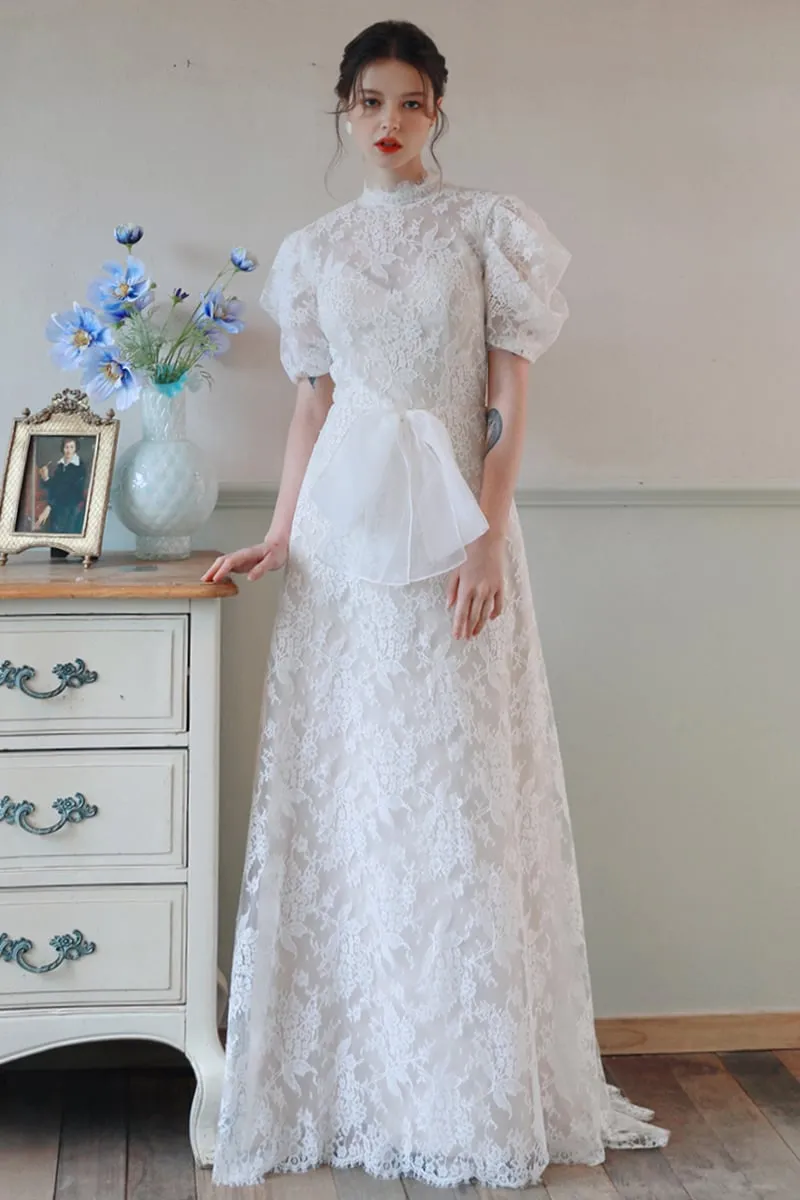 A-Line Sweep-Brush Train Lace Tulle Wedding Dress CW3100 sold by Cocomelody product image thumbnail 3