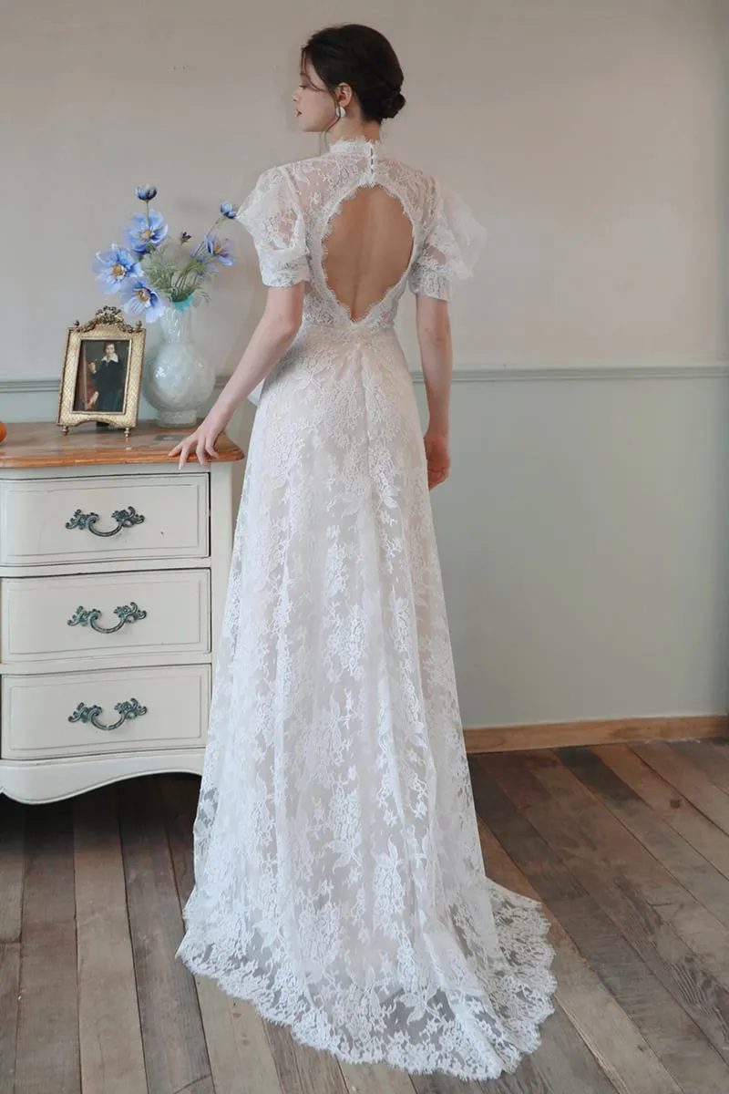 A-Line Sweep-Brush Train Lace Tulle Wedding Dress CW3100 sold by Cocomelody product image thumbnail 2