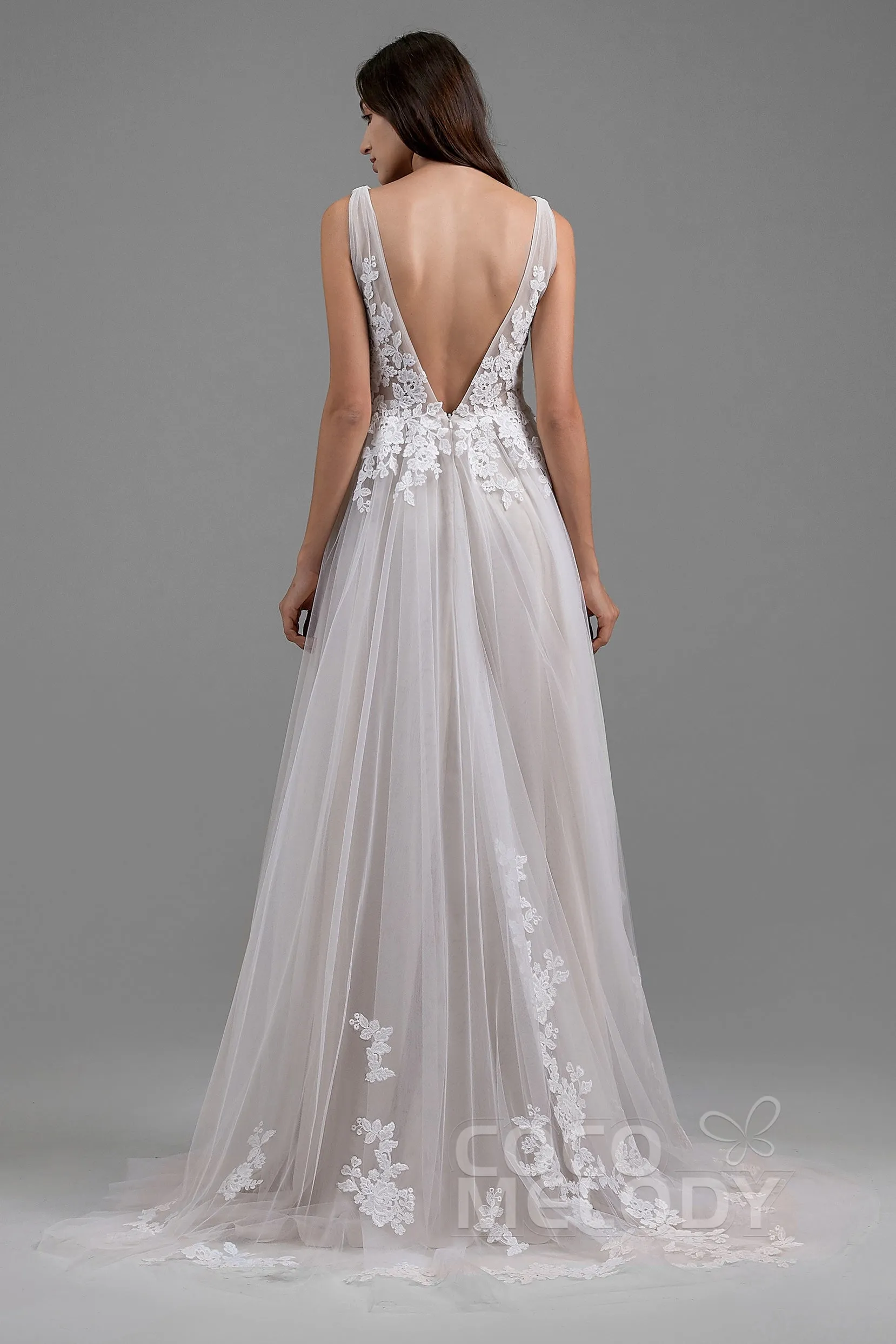 A-Line Sweep-Brush Train Tulle Wedding Dress LD5833 sold by Cocomelody product image thumbnail 4