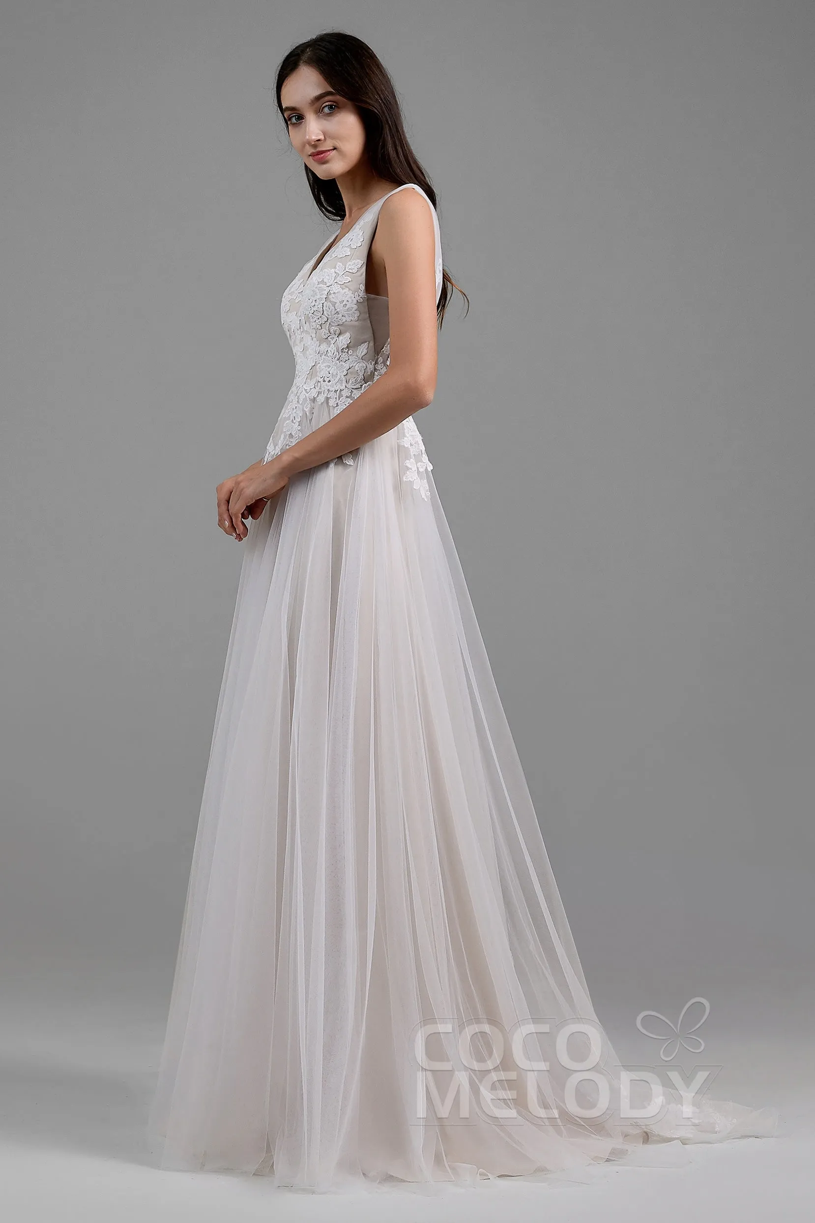 A-Line Sweep-Brush Train Tulle Wedding Dress LD5833 sold by Cocomelody product image thumbnail 5
