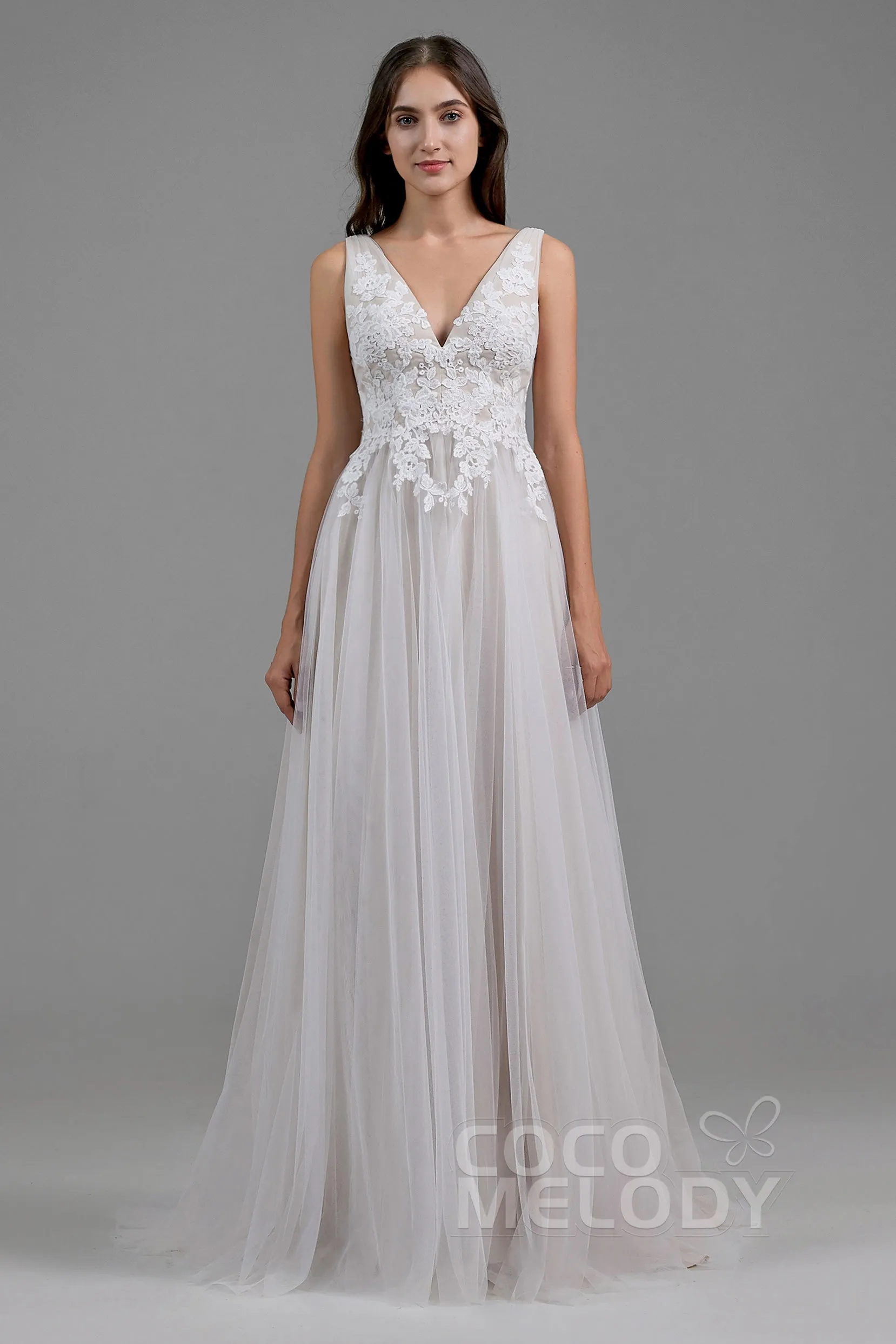 A-Line Sweep-Brush Train Tulle Wedding Dress LD5833 sold by Cocomelody product image thumbnail 3