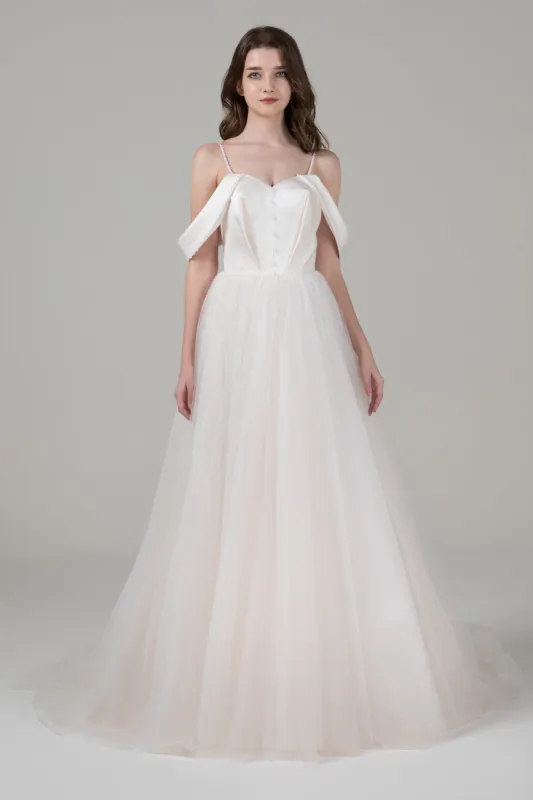 A-Line Court Train Satin Tulle Wedding Dress CW2543 sold by Cocomelody