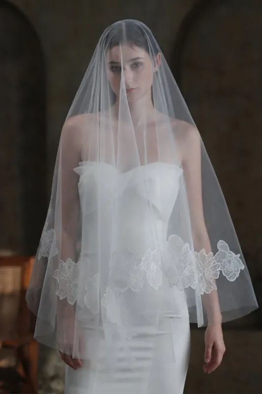 One-tier Cut Edge Tulle Lace Chapel Veils with Appliques CV0368 sold by Cocomelody