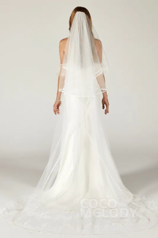 Two-tier Lace Edge Tulle Chapel Veils with Appliques CV0210 sold by Cocomelody