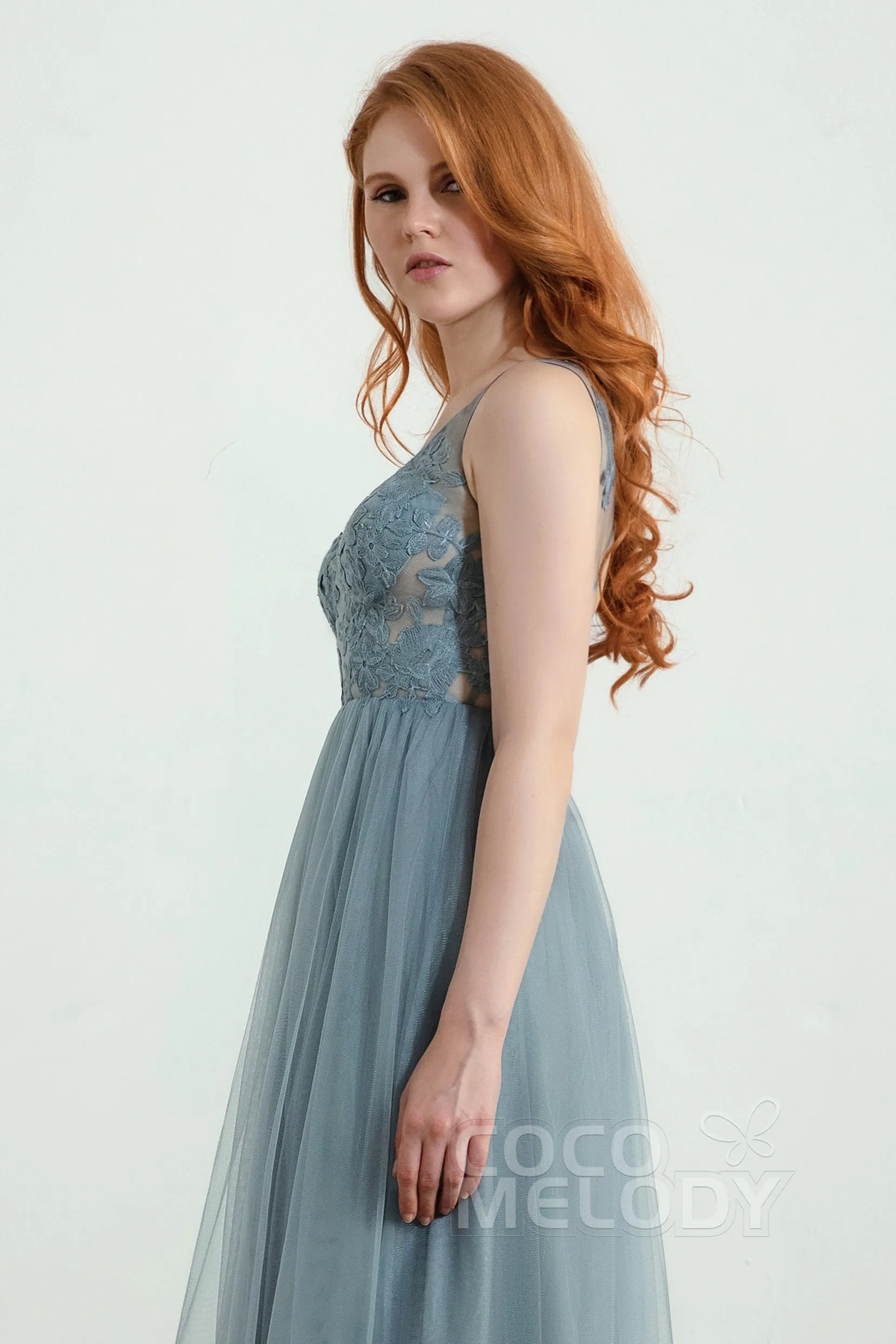 A-Line Floor Length Tulle Lace Bridesmaid Dress CB0438 sold by Cocomelody product image thumbnail 5