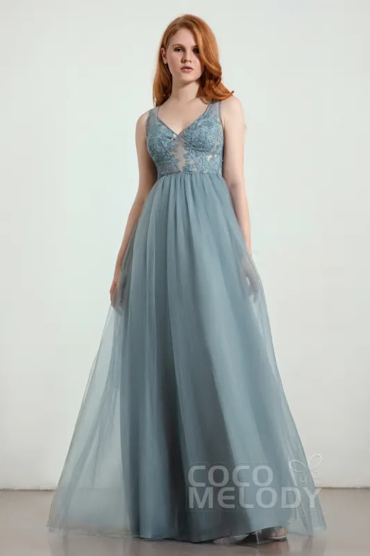 A-Line Floor Length Tulle Lace Bridesmaid Dress CB0438 sold by Cocomelody